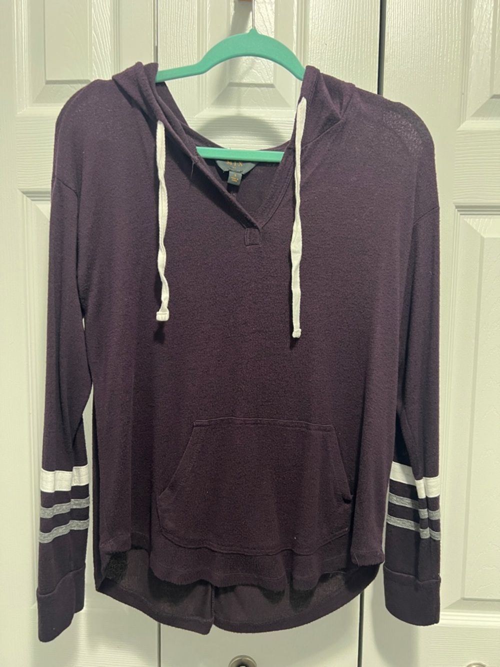 Mix No. 6 burgundy Hooded Pullover with White Drawstrings and Stripe Detail